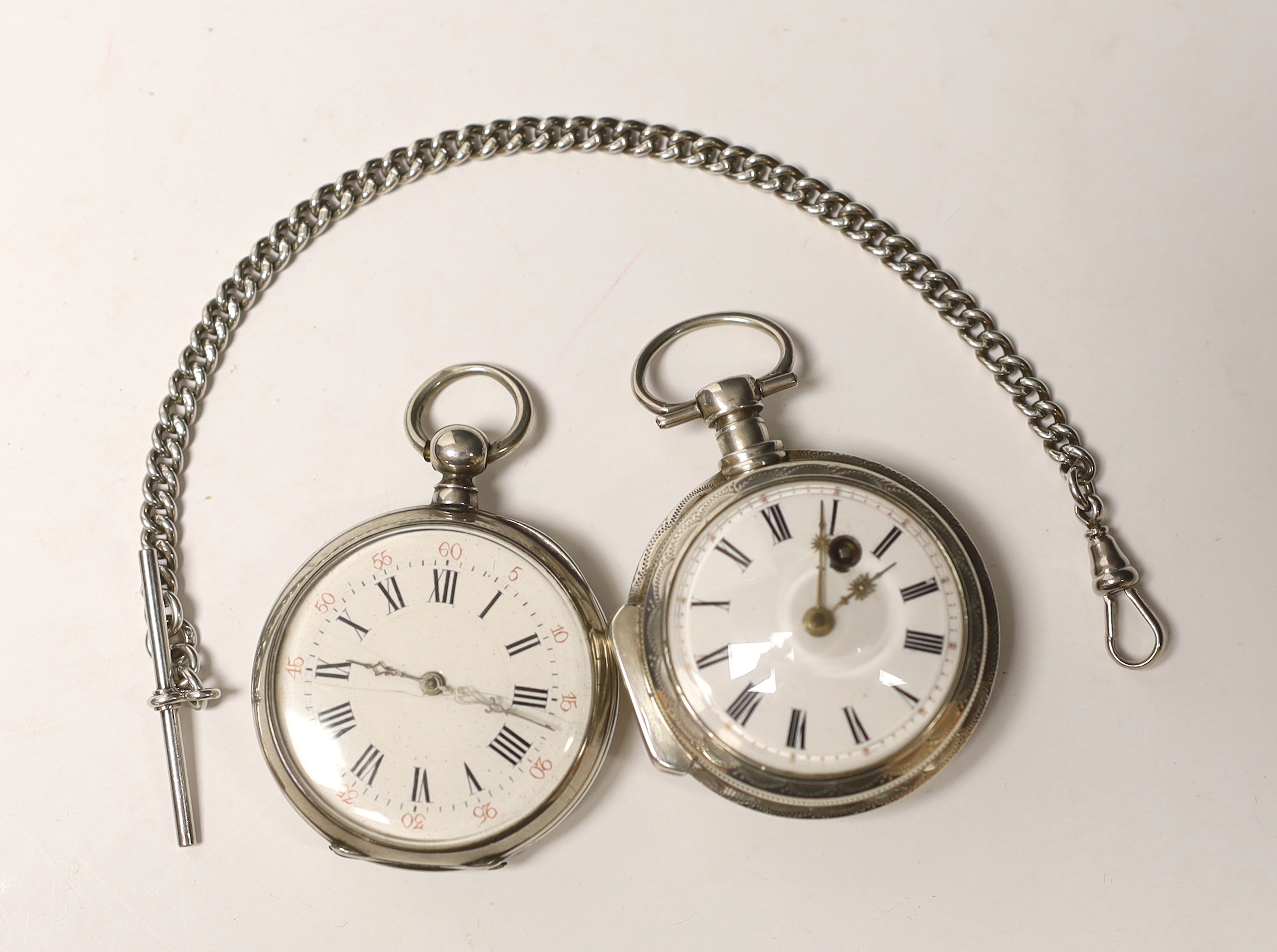 A continental white metal keywind open face pocket watch, with Roman dial, case diameter 46mm, together with French white metal open face keywind pocket watch and a silver albert.